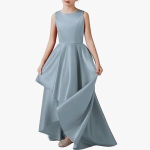 Dideyttawl Dusty Blue Satin Hi Lo Formal Dress for Girls Sleeveless A Line NWT